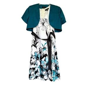 R&M Richards Women’s 2-Piece Dress Set Size 12 Teal Bolero Floral Fit & Flare
